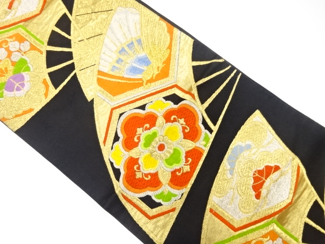 アンティーク　扇に華文・桐・蝶模様織出し袋帯（着用可）